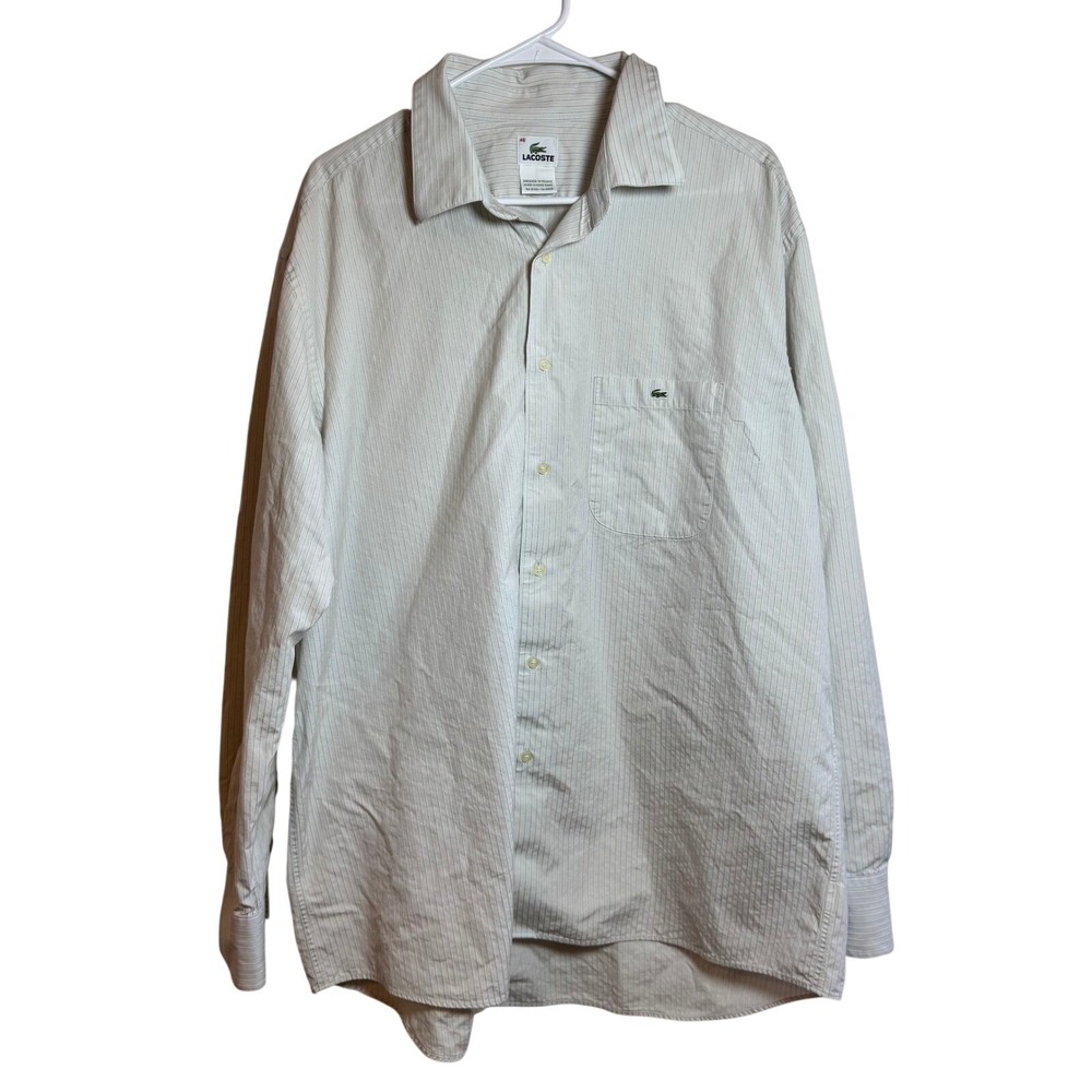 Lacoste Mens Pinstripe Button Down Shirt White Tan Cotton Size 46 Long Sleeve